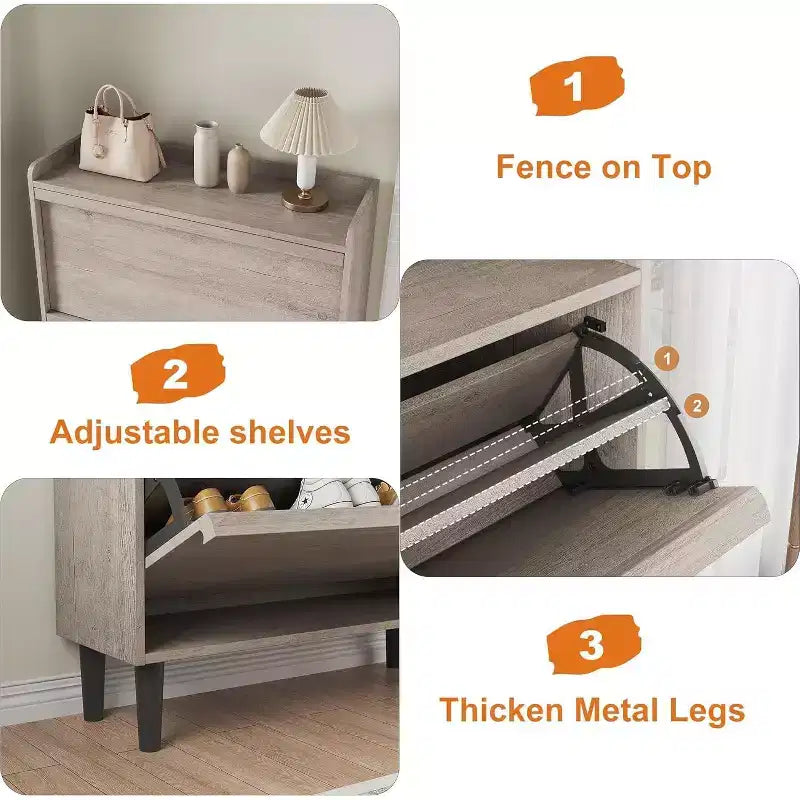 Meuble à chaussures 2 tiroirs à abattant – Blanc antique / Noir / Gris / Bois naturel | Peut contenir 24 paires | Pour 1 à 2 personnes