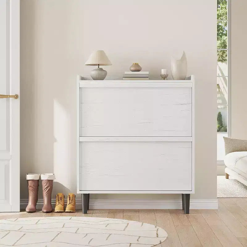 Meuble à chaussures 2 tiroirs à abattant – Blanc antique / Noir / Gris / Bois naturel | Peut contenir 24 paires | Pour 1 à 2 personnes