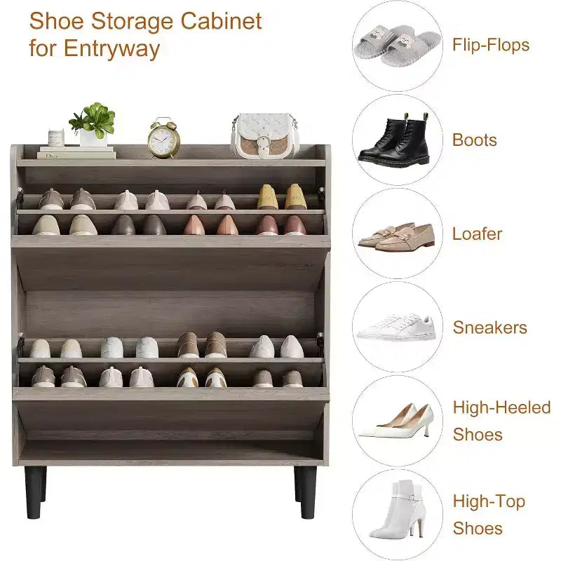 Meuble à chaussures 2 tiroirs à abattant – Blanc antique / Noir / Gris / Bois naturel | Peut contenir 24 paires | Pour 1 à 2 personnes