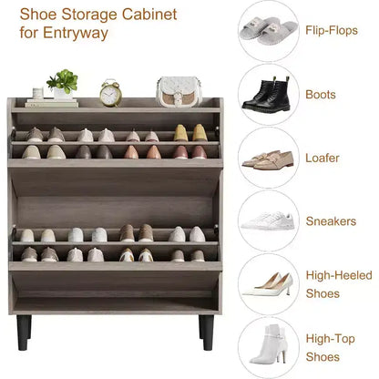 Meuble à chaussures 2 tiroirs à abattant – Blanc antique / Noir / Gris / Bois naturel | Peut contenir 24 paires | Pour 1 à 2 personnes