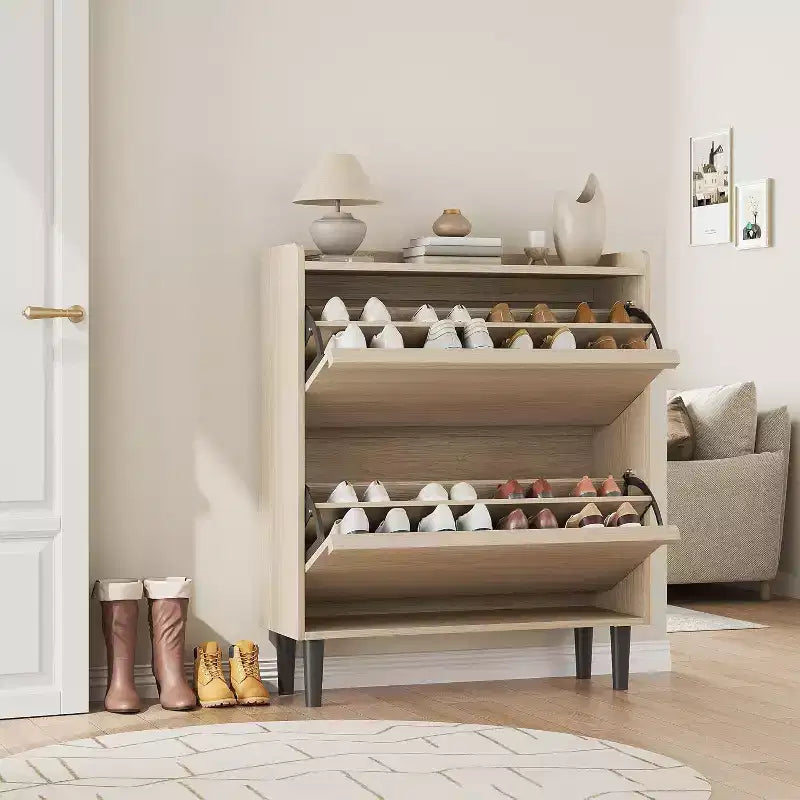 Meuble à chaussures 2 tiroirs à abattant – Blanc antique / Noir / Gris / Bois naturel | Peut contenir 24 paires | Pour 1 à 2 personnes
