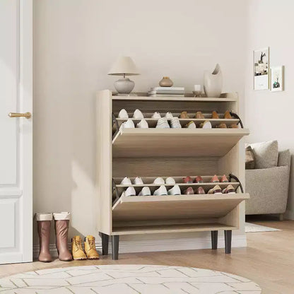 Meuble à chaussures 2 tiroirs à abattant – Blanc antique / Noir / Gris / Bois naturel | Peut contenir 24 paires | Pour 1 à 2 personnes