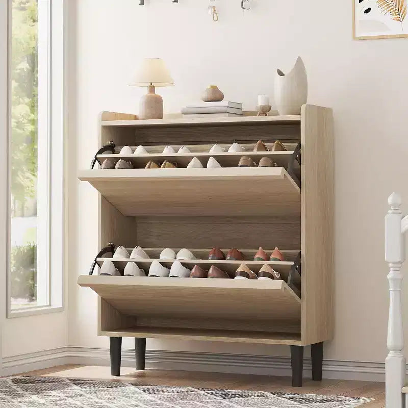 Meuble à chaussures 2 tiroirs à abattant – Blanc antique / Noir / Gris / Bois naturel | Peut contenir 24 paires | Pour 1 à 2 personnes