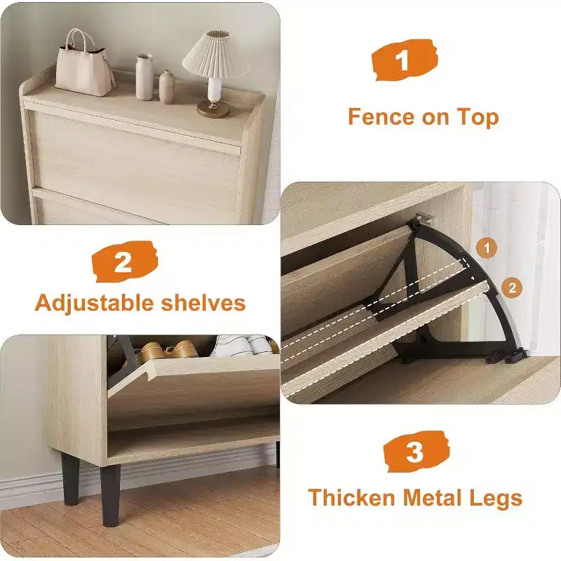 Meuble à chaussures 2 tiroirs à abattant – Blanc antique / Noir / Gris / Bois naturel | Peut contenir 24 paires | Pour 1 à 2 personnes