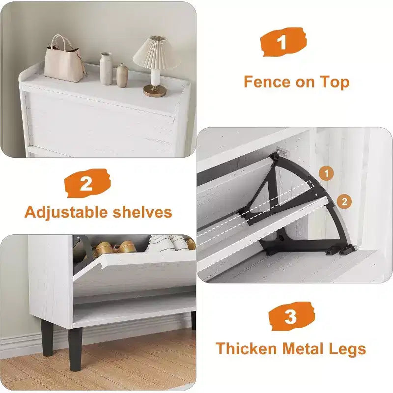 Meuble à chaussures 2 tiroirs à abattant – Blanc antique / Noir / Gris / Bois naturel | Peut contenir 24 paires | Pour 1 à 2 personnes