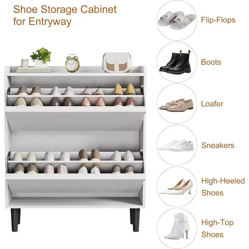 Meuble à chaussures 2 tiroirs à abattant – Blanc antique / Noir / Gris / Bois naturel | Peut contenir 24 paires | Pour 1 à 2 personnes