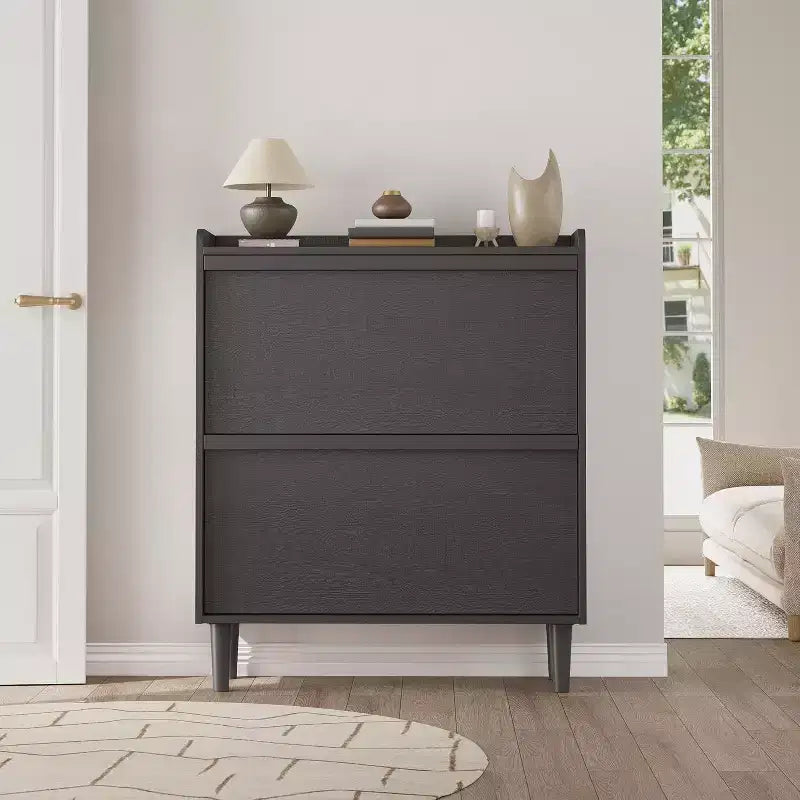 Meuble à chaussures 2 tiroirs à abattant – Blanc antique / Noir / Gris / Bois naturel | Peut contenir 24 paires | Pour 1 à 2 personnes