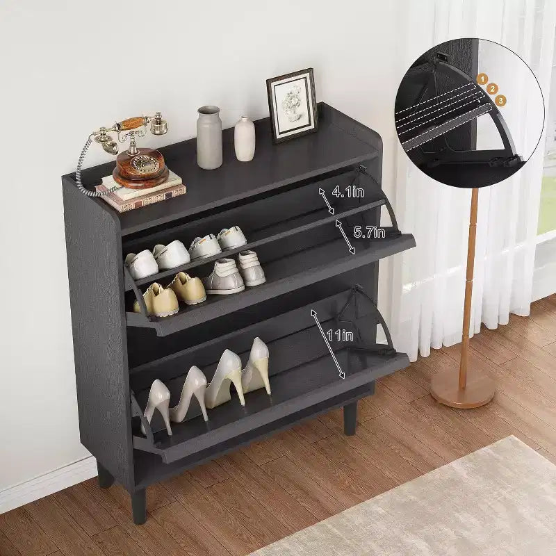 Meuble à chaussures 2 tiroirs à abattant – Blanc antique / Noir / Gris / Bois naturel | Peut contenir 24 paires | Pour 1 à 2 personnes