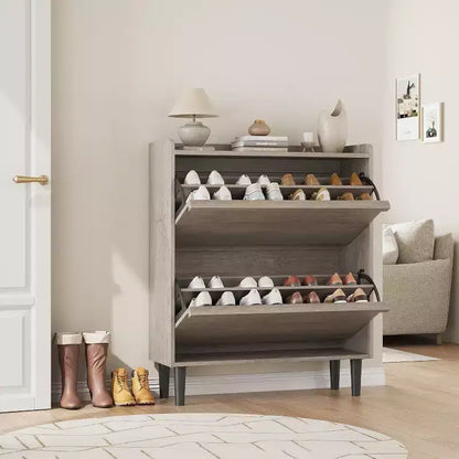 Meuble à chaussures 2 tiroirs à abattant – Blanc antique / Noir / Gris / Bois naturel | Peut contenir 24 paires | Pour 1 à 2 personnes