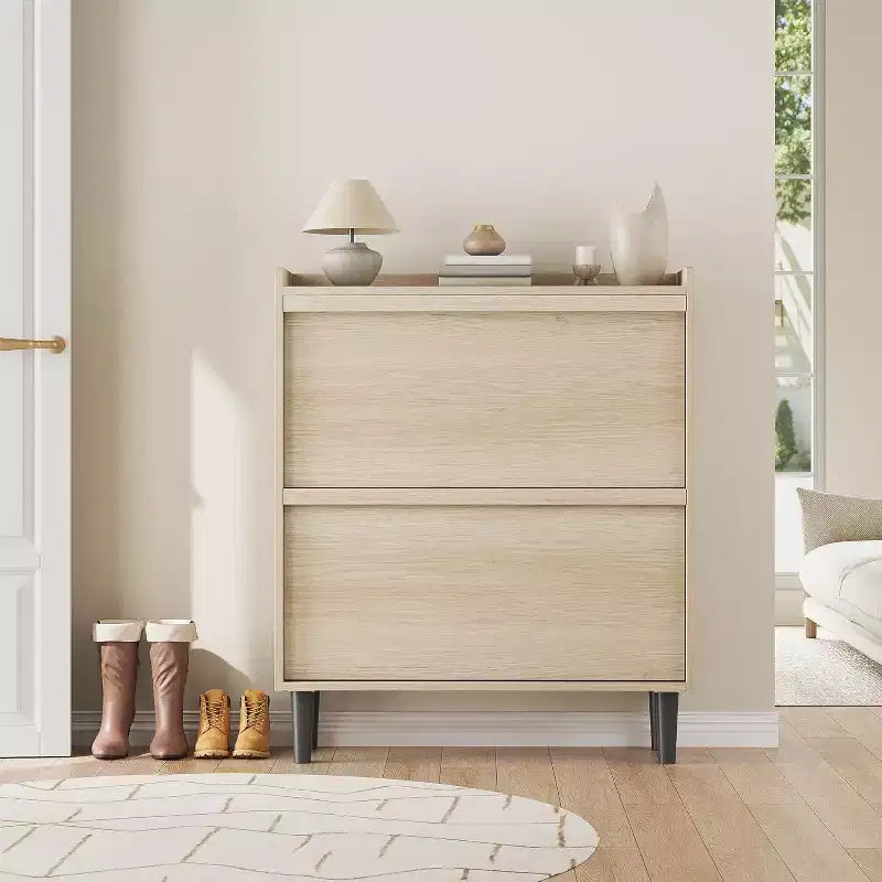 Meuble à chaussures 2 tiroirs à abattant – Blanc antique / Noir / Gris / Bois naturel | Peut contenir 24 paires | Pour 1 à 2 personnes