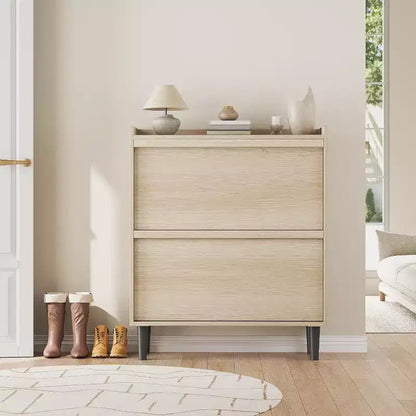 Meuble à chaussures 2 tiroirs à abattant – Blanc antique / Noir / Gris / Bois naturel | Peut contenir 24 paires | Pour 1 à 2 personnes
