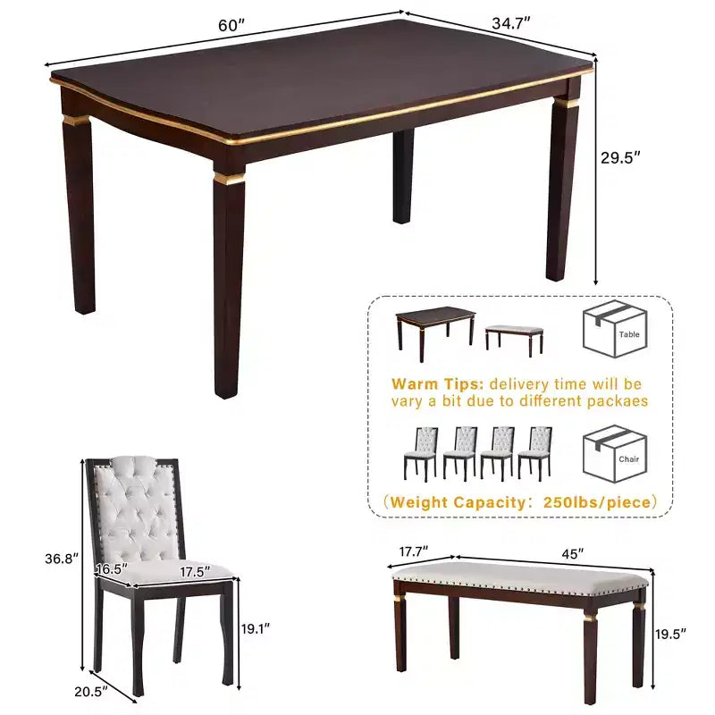 Ensemble de table à manger rectangulaire noire / espresso, rembourrée, 6 places