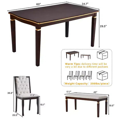 Ensemble de table à manger rectangulaire noire / espresso, rembourrée, 6 places