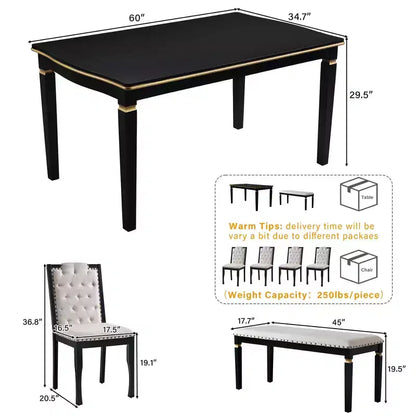 Ensemble de table à manger rectangulaire noire / espresso, rembourrée, 6 places
