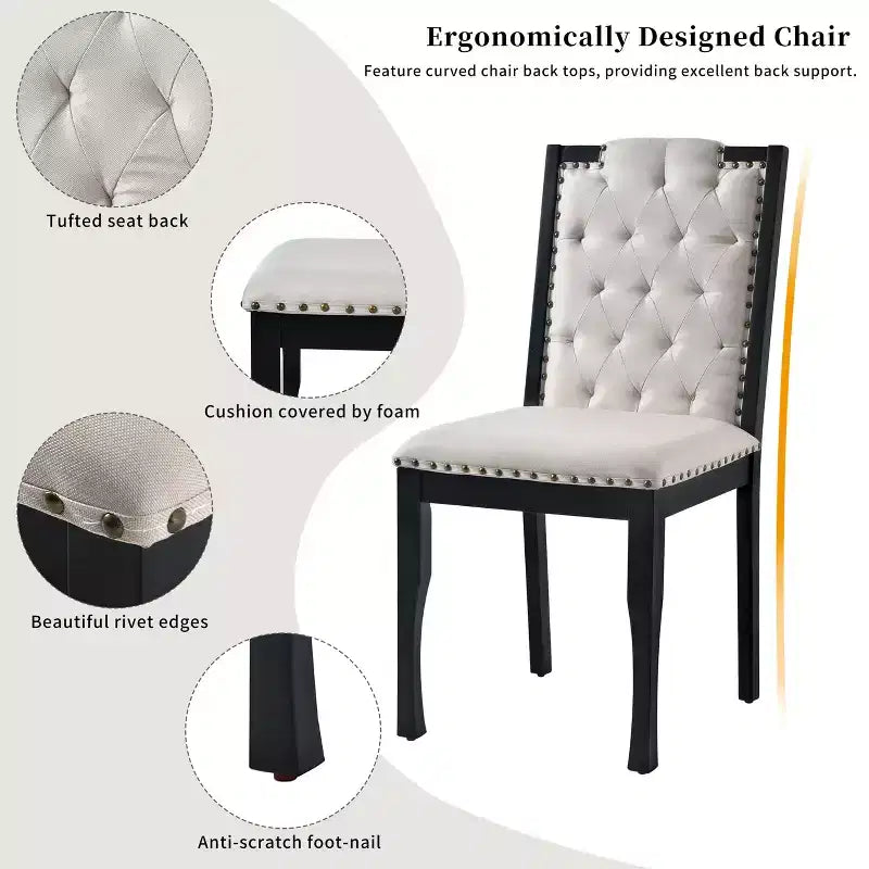 Ensemble de table à manger rectangulaire noire / espresso, rembourrée, 6 places