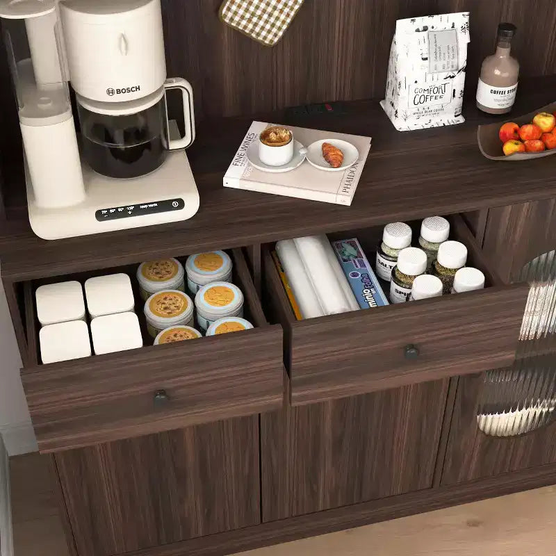Armoire de cuisine noire/noyer de 180 cm avec portes vitrées et support pour micro-ondes – Assemblage par 2 personnes