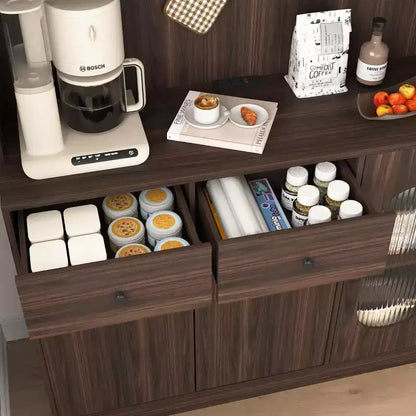 Armoire de cuisine noire/noyer de 180 cm avec portes vitrées et support pour micro-ondes – Assemblage par 2 personnes