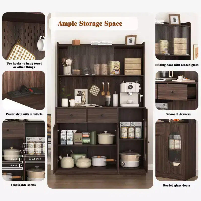 Armoire de cuisine noire/noyer de 180 cm avec portes vitrées et support pour micro-ondes – Assemblage par 2 personnes