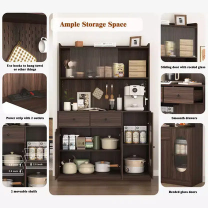 Armoire de cuisine noire/noyer de 180 cm avec portes vitrées et support pour micro-ondes – Assemblage par 2 personnes