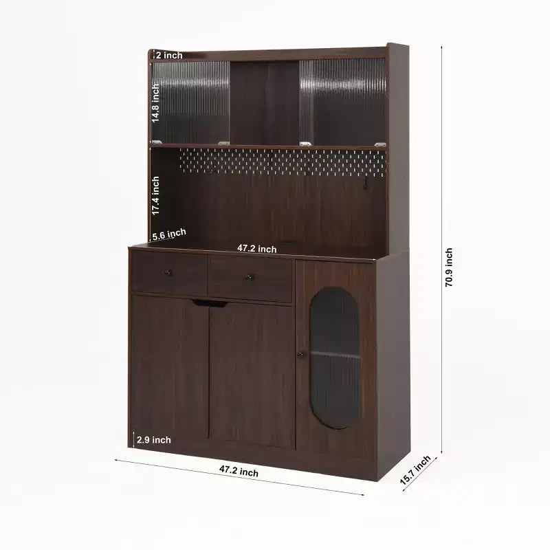 Armoire de cuisine noire/noyer de 180 cm avec portes vitrées et support pour micro-ondes – Assemblage par 2 personnes