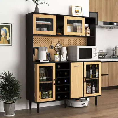 Armoire de cuisine noire/noyer de 180 cm avec portes vitrées et support pour micro-ondes – Assemblage par 2 personnes