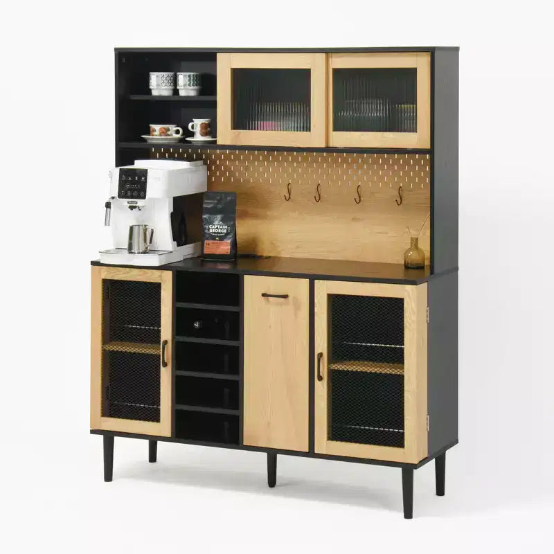 Armoire de cuisine noire/noyer de 180 cm avec portes vitrées et support pour micro-ondes – Assemblage par 2 personnes