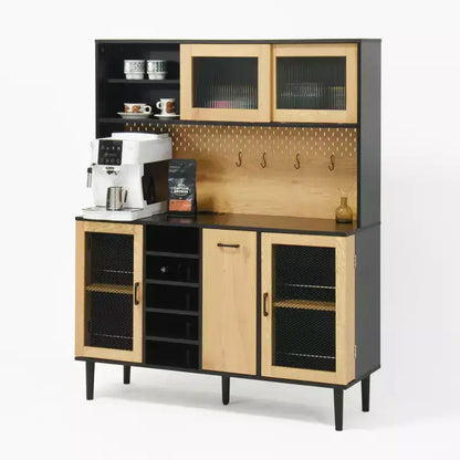 Armoire de cuisine noire/noyer de 180 cm avec portes vitrées et support pour micro-ondes – Assemblage par 2 personnes