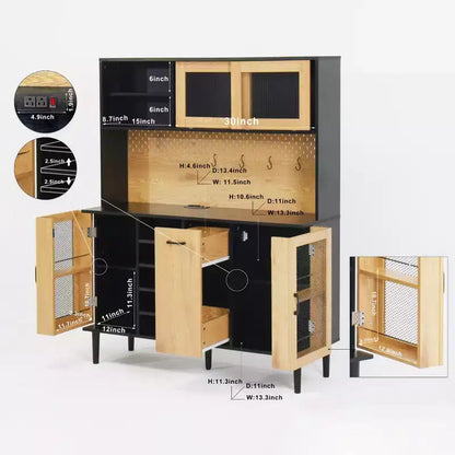 Armoire de cuisine noire/noyer de 180 cm avec portes vitrées et support pour micro-ondes – Assemblage par 2 personnes