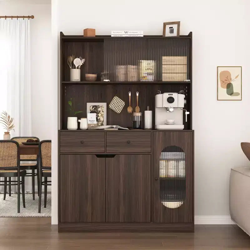 Armoire de cuisine noire/noyer de 180 cm avec portes vitrées et support pour micro-ondes – Assemblage par 2 personnes