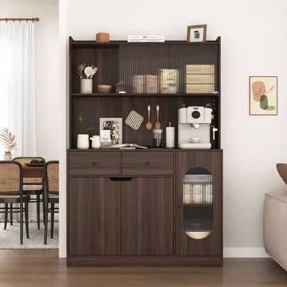 Armoire de cuisine noire/noyer de 180 cm avec portes vitrées et support pour micro-ondes – Assemblage par 2 personnes