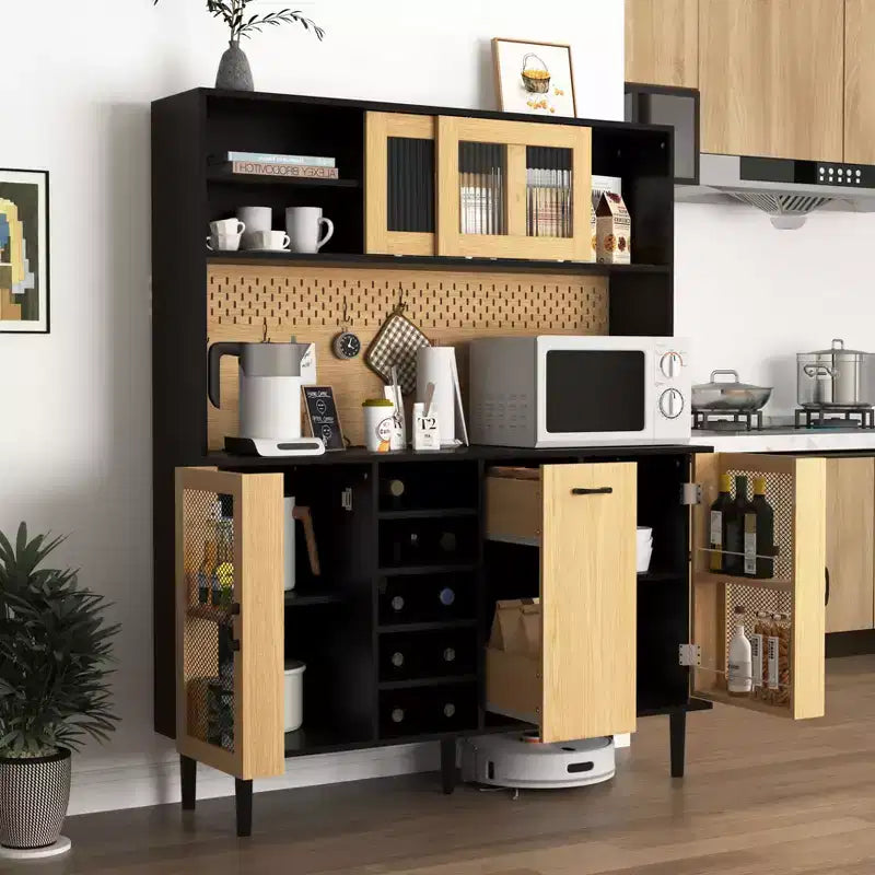 Armoire de cuisine noire/noyer de 180 cm avec portes vitrées et support pour micro-ondes – Assemblage par 2 personnes