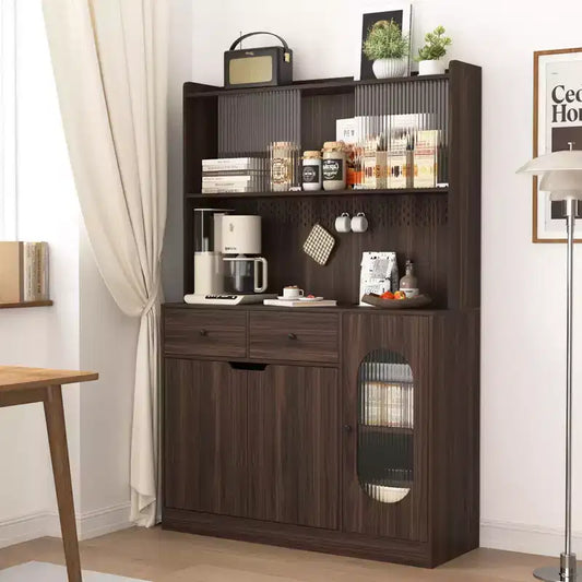 Okak 71H Wooden Kitchen Pantry Cabinet with Glass Doors & Microwave Stand, Buffet Cabinet for Kitchen Dining Room