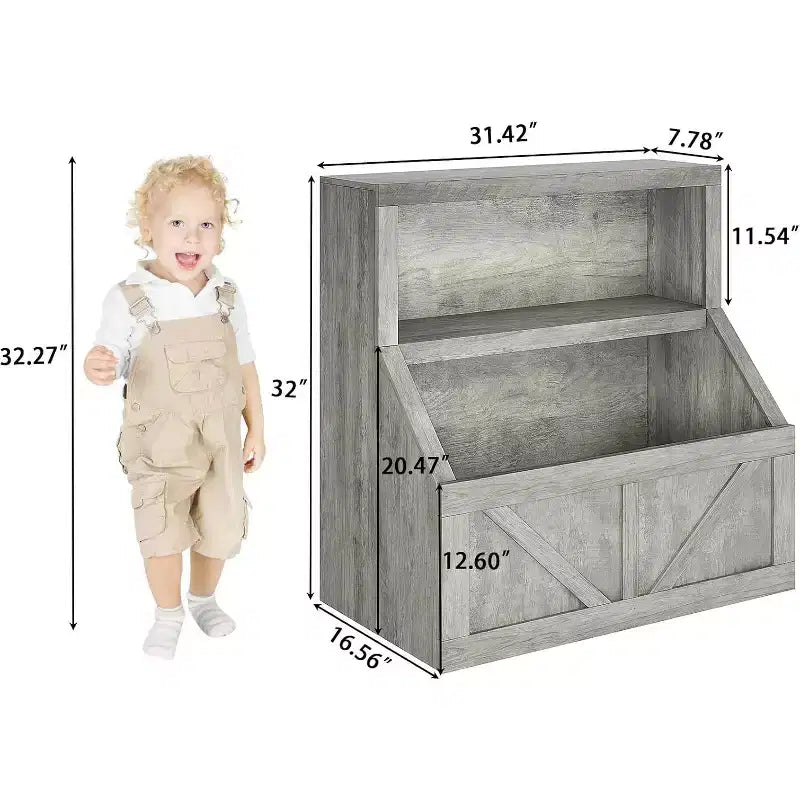 Étagère à Livres pour Enfants à 2 Niveaux avec Armoire de Rangement – Blanc Antique / Gris / Blanc, pour 1 Enfant
