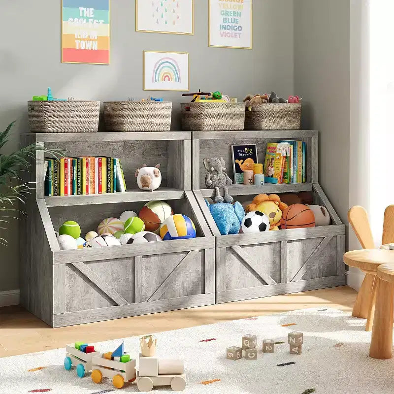 Étagère à Livres pour Enfants à 2 Niveaux avec Armoire de Rangement – Blanc Antique / Gris / Blanc, pour 1 Enfant