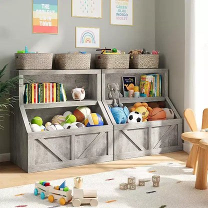 Étagère à Livres pour Enfants à 2 Niveaux avec Armoire de Rangement – Blanc Antique / Gris / Blanc, pour 1 Enfant