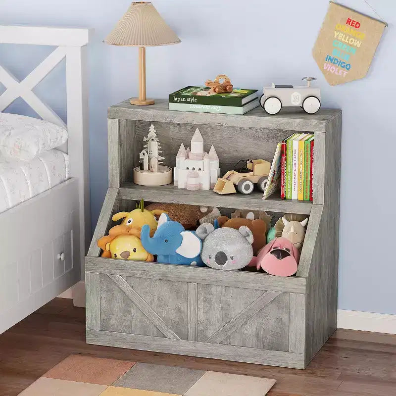 Étagère à Livres pour Enfants à 2 Niveaux avec Armoire de Rangement – Blanc Antique / Gris / Blanc, pour 1 Enfant