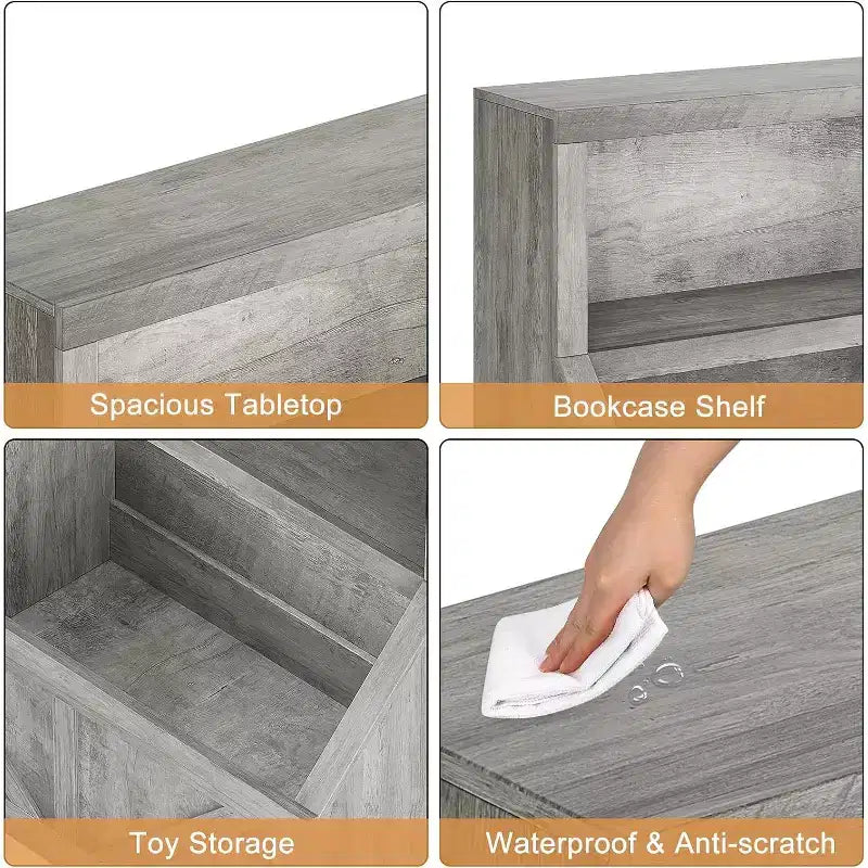 Étagère à Livres pour Enfants à 2 Niveaux avec Armoire de Rangement – Blanc Antique / Gris / Blanc, pour 1 Enfant