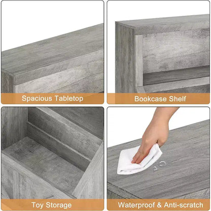 Étagère à Livres pour Enfants à 2 Niveaux avec Armoire de Rangement – Blanc Antique / Gris / Blanc, pour 1 Enfant