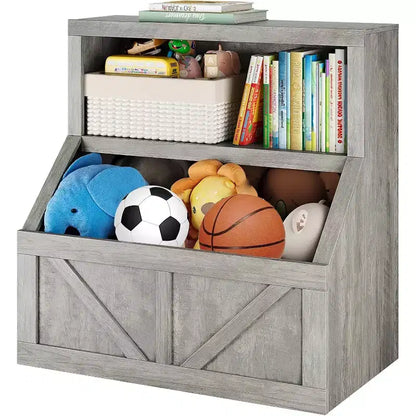 Étagère à Livres pour Enfants à 2 Niveaux avec Armoire de Rangement – Blanc Antique / Gris / Blanc, pour 1 Enfant