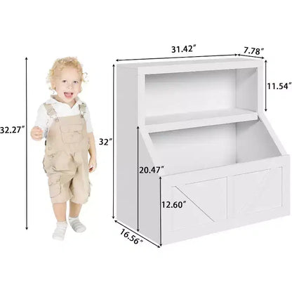Étagère à Livres pour Enfants à 2 Niveaux avec Armoire de Rangement – Blanc Antique / Gris / Blanc, pour 1 Enfant