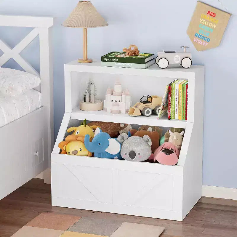Étagère à Livres pour Enfants à 2 Niveaux avec Armoire de Rangement – Blanc Antique / Gris / Blanc, pour 1 Enfant