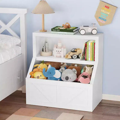 Étagère à Livres pour Enfants à 2 Niveaux avec Armoire de Rangement – Blanc Antique / Gris / Blanc, pour 1 Enfant