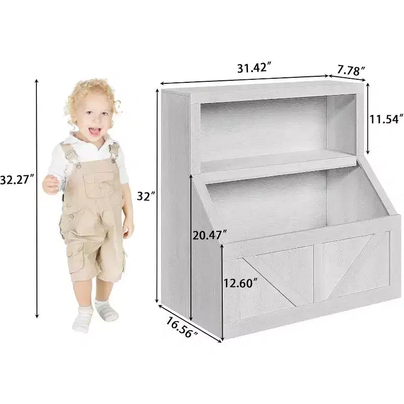 Étagère à Livres pour Enfants à 2 Niveaux avec Armoire de Rangement – Blanc Antique / Gris / Blanc, pour 1 Enfant