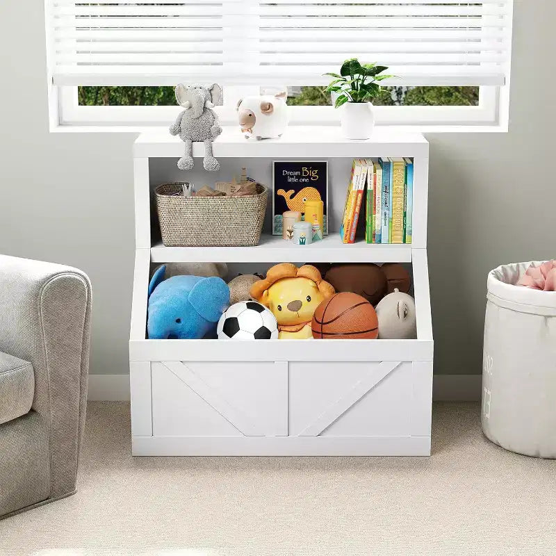 Étagère à Livres pour Enfants à 2 Niveaux avec Armoire de Rangement – Blanc Antique / Gris / Blanc, pour 1 Enfant