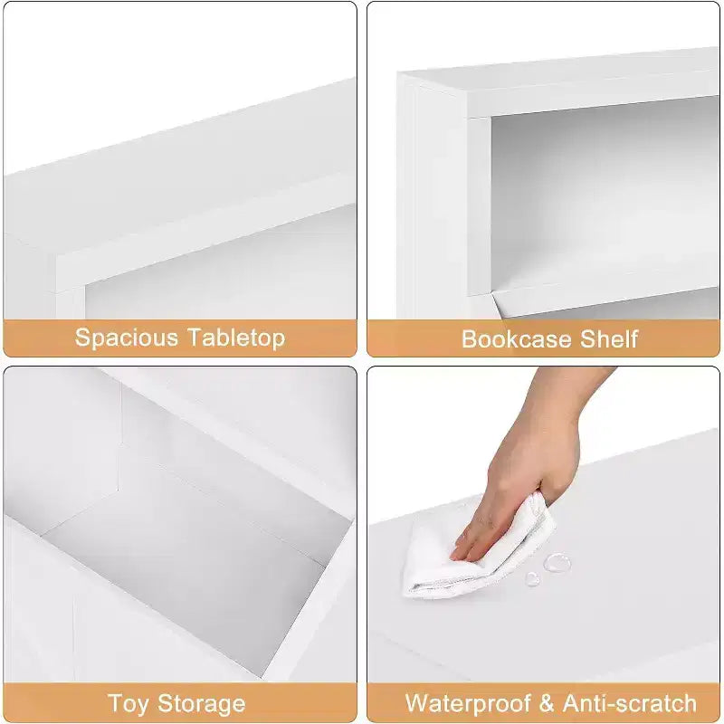Étagère à Livres pour Enfants à 2 Niveaux avec Armoire de Rangement – Blanc Antique / Gris / Blanc, pour 1 Enfant