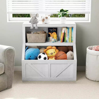 Étagère à Livres pour Enfants à 2 Niveaux avec Armoire de Rangement – Blanc Antique / Gris / Blanc, pour 1 Enfant