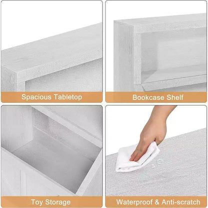 Étagère à Livres pour Enfants à 2 Niveaux avec Armoire de Rangement – Blanc Antique / Gris / Blanc, pour 1 Enfant