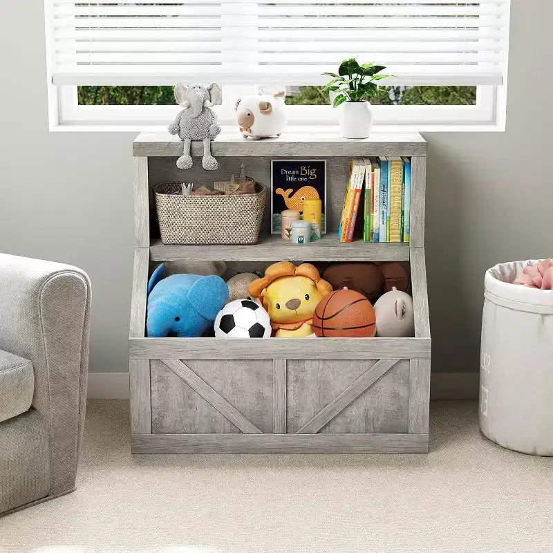 Étagère à Livres pour Enfants à 2 Niveaux avec Armoire de Rangement – Blanc Antique / Gris / Blanc, pour 1 Enfant