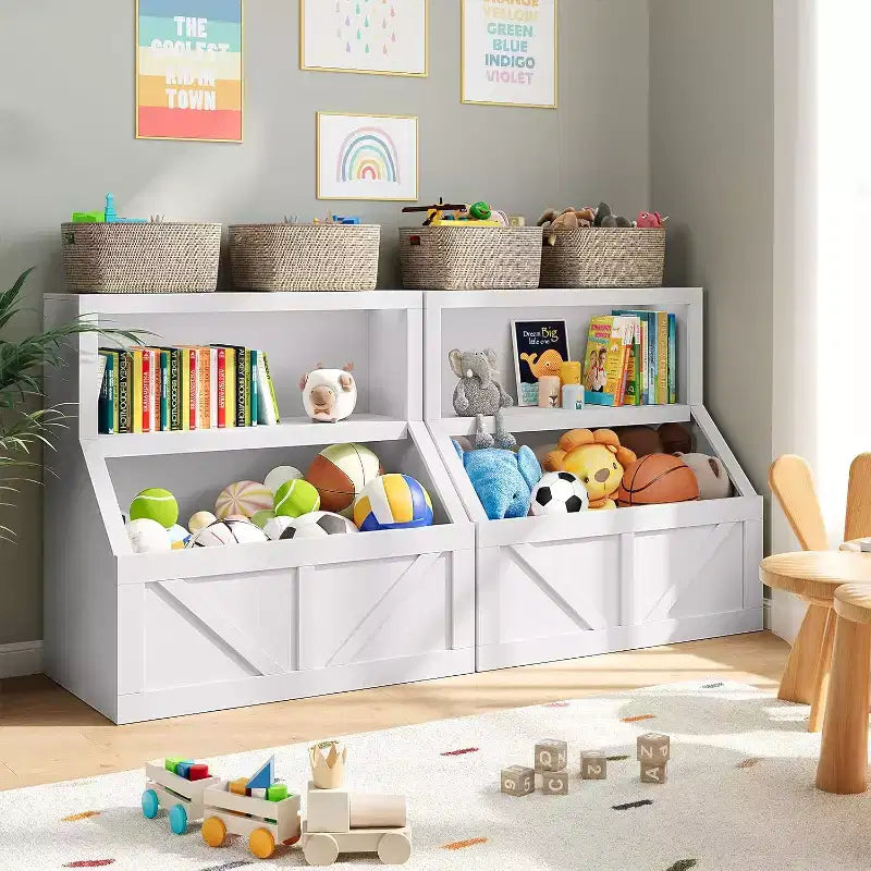 Étagère à Livres pour Enfants à 2 Niveaux avec Armoire de Rangement – Blanc Antique / Gris / Blanc, pour 1 Enfant