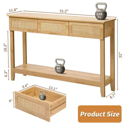 Console de style rotin beige avec 3 tiroirs et une étagère, 1 place